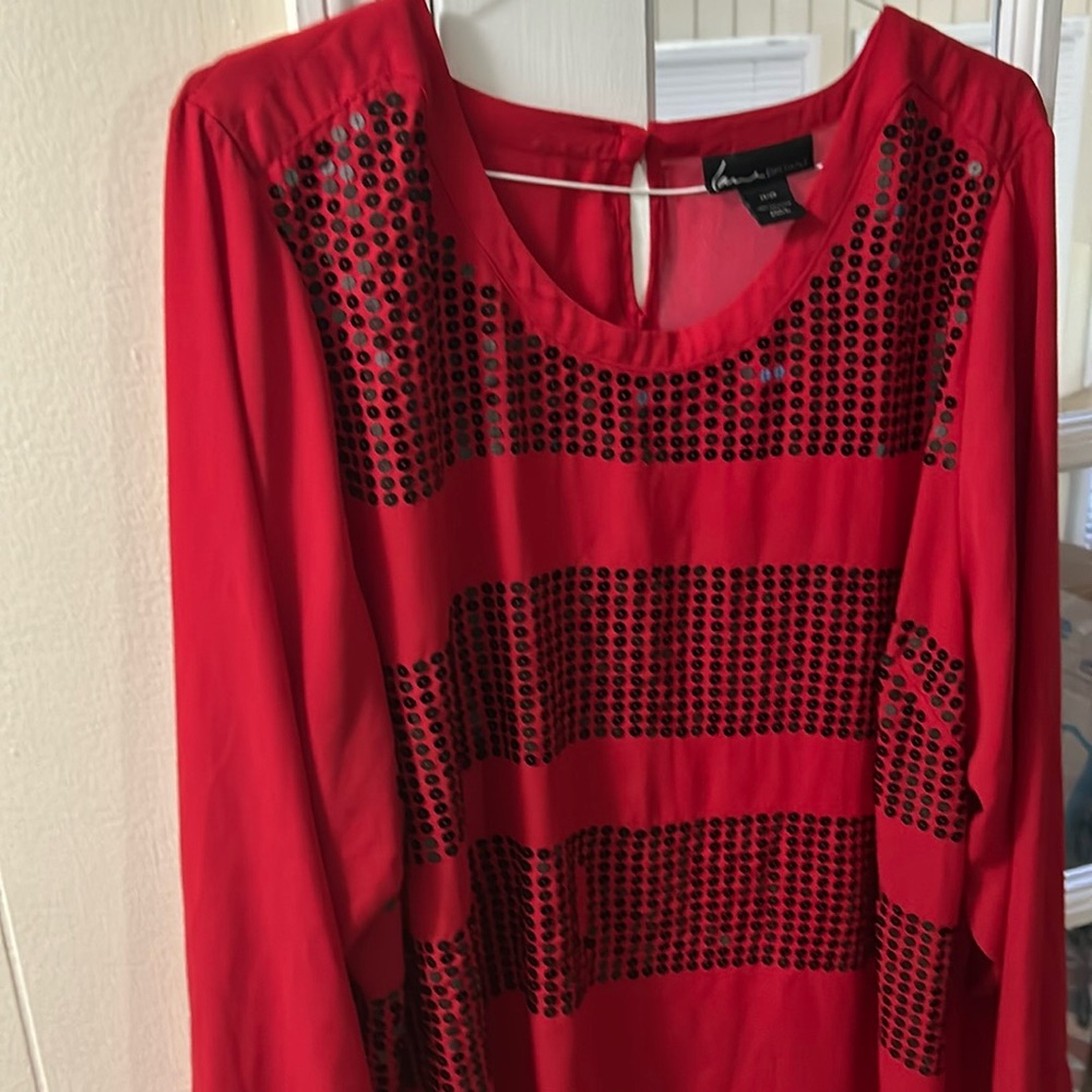 Red long sleeve blouse with sequins accent.